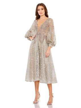 Mac Duggal 20391 Beige Embellished Plunge Neck Bishop Sleeve Dress Size 6 NWT